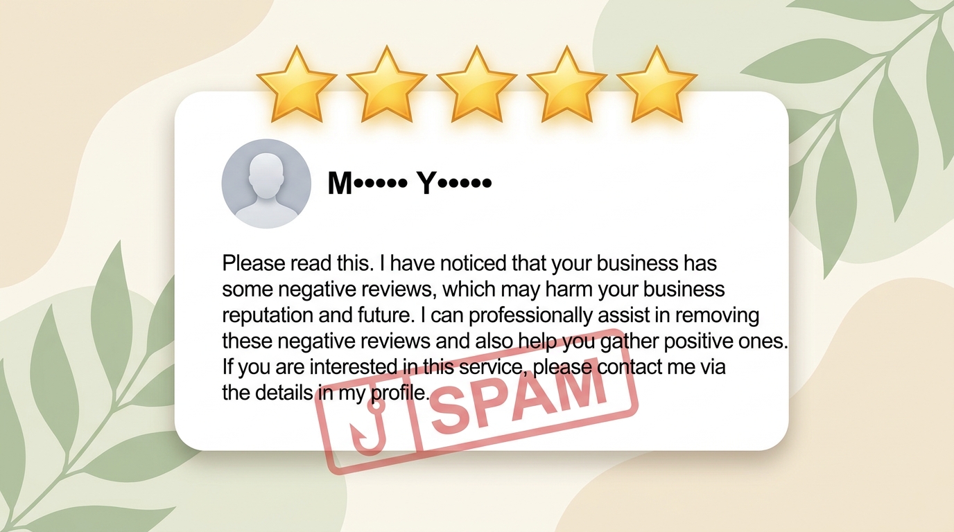 Anonymized example of a disguised spam review with solicitation text and SPAM stamp