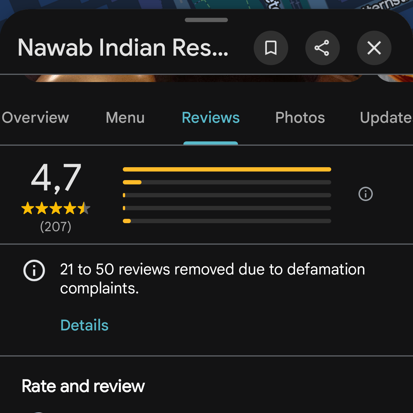 Google Maps banner: 21 to 50 reviews removed due to defamation complaints